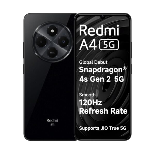 <h3>Redmi A4 5G (Starry Black, 4GB RAM, 128GB Storage) | Global Debut SD 4s Gen 2 | Segment Largest 6.88in 120Hz | 50MP Dual Camera | 18W Fast Charging</h3>