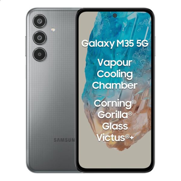 <h3>Samsung Galaxy M35 5G (Thunder Grey,8GB RAM,256GB Storage)| Corning Gorilla Glass Victus+| AnTuTu Score 595K+ | Vapour Cooling Chamber | 6000mAh Battery | 120Hz Super AMOLED Display| Without Charger</h3>