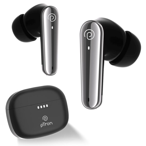 <h3>pTron Basspods Tour TWS Earbuds with 3D AudioScape, 45Hrs Playtime, TruTalk AI-ENC Calls, 50ms Low Latency Sync, BT v5.3, Type-C Fast Charging, Voice Asst. & IPX5 Water Resistant (Black)</h3>