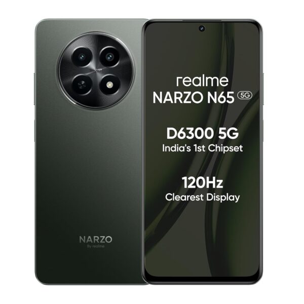 <h3>realme NARZO N65 5G (Deep Green 8GB RAM, 128GB Storage) India's 1st D6300 5G Chipset | Ultra Slim 190g Design | 120Hz Eye Comfort Display | 50MP AI Camera| Charger in The Box</h3>