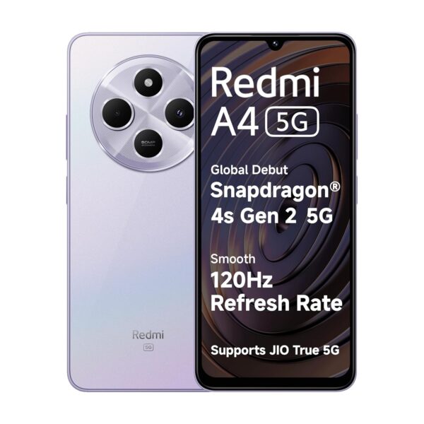 <h3>Redmi A4 5G (Sparkle Purple, 4GB RAM, 64GB Storage) | Global Debut SD 4s Gen 2 | Segment Largest 6.88in 120Hz | 50MP Dual Camera | 18W Fast Charging</h3>