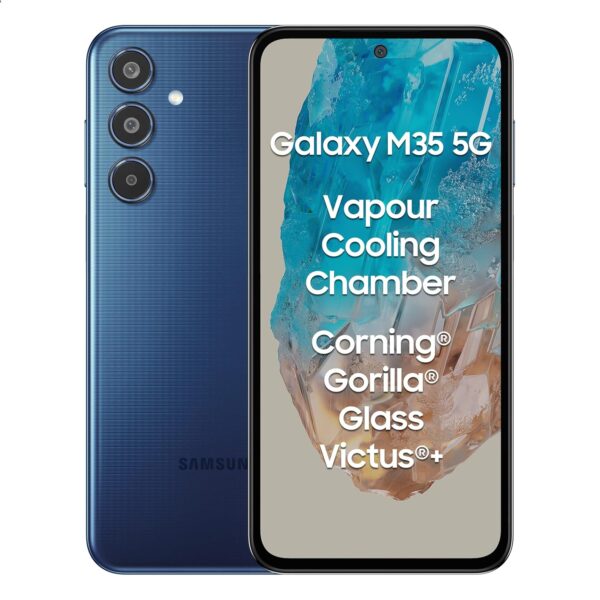 <h3>Samsung Galaxy M35 5G (Moonlight Blue,8GB RAM,128GB Storage)| Corning Gorilla Glass Victus+| AnTuTu Score 595K+ | Vapour Cooling Chamber | 6000mAh Battery | 120Hz Super AMOLED Display| Without Charger</h3>