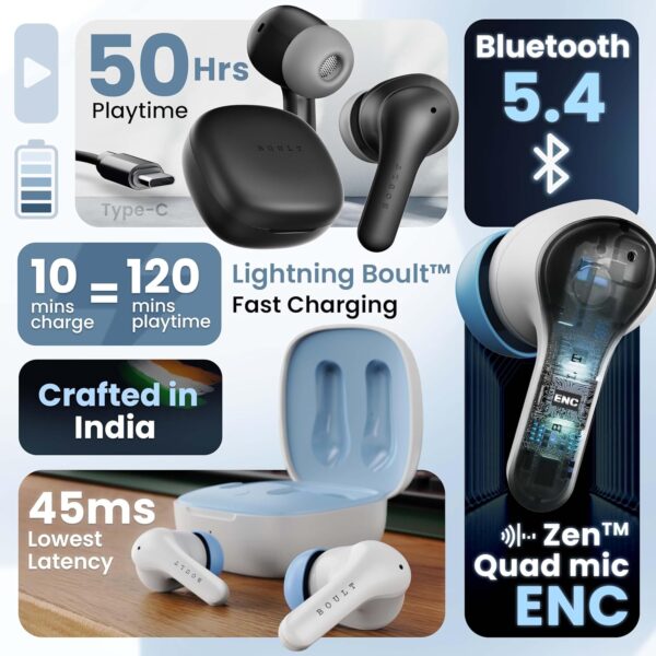 <h3>Boult K10 Truly Wireless Bluetooth in Ear Earbuds with 50H Playtime, 4 Mic Clear Calling, 45ms Low Latency, 10mm Drivers, Touch Controls, Type-C Fast Charging, IPX5, TWS Ear Buds Wireless (Ice Blue)</h3>