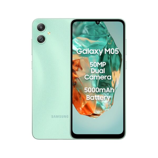 <h3>Samsung Galaxy M05 (Mint Green, 4GB RAM, 64 GB Storage) | 50MP Dual Camera | Bigger 6.7" HD+ Display | 5000mAh Battery | 25W Fast Charging | 2 Gen OS Upgrade & 4 Year Security Update | Without Charger</h3>