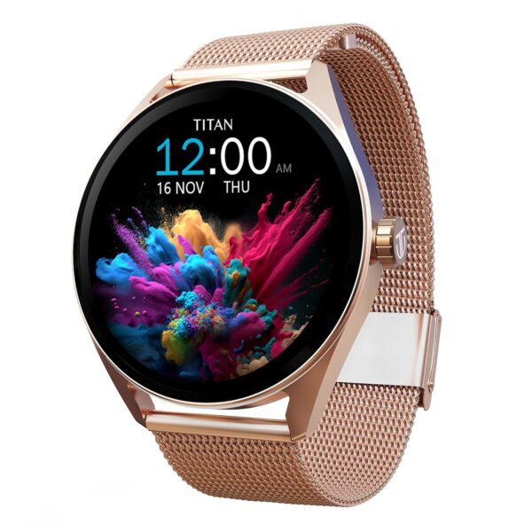 <h3>Titan Crest Premium Mesh Strap Smart Watch, 1.43" AMOLED Display with AOD, 466x466 Pixel Resolution, Functional Crown, SingleSync BT Calling, 100+ Sports Modes & Smartwatch Faces, IP68 (Gold)</h3>