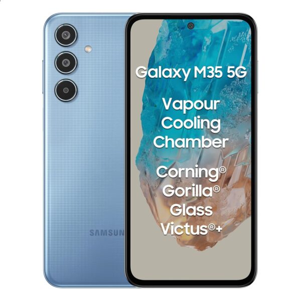 <h3>Samsung Galaxy M35 5G (Daybreak Blue,8GB RAM,128GB Storage)| Corning Gorilla Glass Victus+| AnTuTu Score 595K+ | Vapour Cooling Chamber | 6000mAh Battery | 120Hz Super AMOLED Display| Without Charger</h3>