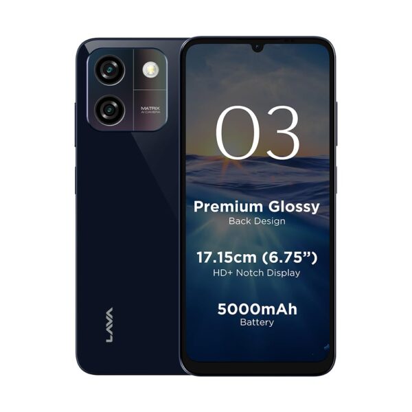 <h3>Lava O3 (Glossy Blue, 3 GB RAM, 64 GB Storage) | Biggest 6.75" HD+ Display | 13MP AI Dual Rear Camera | 5000 mAh Battery | Secure Face Unlock | Fingerprint Reader | Charger & Phone-Cover in Box</h3>