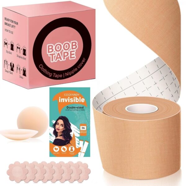 <h3>COOFANDY Adhesive Bra Push Up Boob Tape for Large Breasts - With 1 Pair Reusable Invisible Silicone Nipple Covers, 36 Strips Fabric Tape for Women Clothing and Body, Suitable for Breasts A-G Cup Beige</h3>